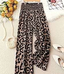 baratos -Mulheres Perna larga Calças Roupa de rua Casual Longas Cintura Alta Leopardo Estampado Design de cordão elástico Respirabilidade Macio Micro-Elástica Férias Rua Roupa Diária Amarelo Café Cinzento