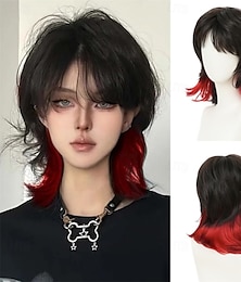 economico -Parrucca da donna in stile mullet nero-rosso, con frangia, a strati e lunghezza alle spalle, parrucche sintetiche complete per cosplay, uso quotidiano per feste