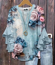 economico -Pasqua Per donna Blusa Floreale Grafico Elegante Bohemien Etnico Manica 3/4 Scollo a V Top Regolari Quotidiano Ferie Abbigliamento da vacanza Volant Stampato Bianco Verde chiaro Blu Viola Verde