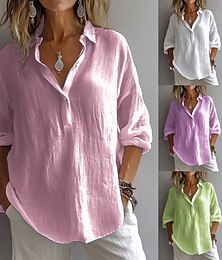 abordables -Mujer Blusa de algodón blanca Color sólido Básico Casual Manga Larga Cuello Camisero Tops regulares Diario Botones Blanco Rosa Morado Verde Trébol Verano