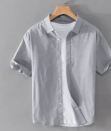 economico -Per uomo Camicia di lino Camicia Estiva Abbigliamento da spiaggia Camicia con Bottoni Tinta unica Vacanza Crociera Bianco Blu Grigio Manica Corta Collo ripiegato Estate Primavera Abbigliamento
