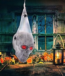 お買い得  -ハロウィーンの怖いLEDサウンドアクティベートスカルとクモの巣、不気味な幽霊屋敷の小道具、不気味な庭の屋外ホラー装飾
