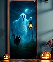abordables -Housse de porte d'Halloween – Fantôme mignon et chat noir dans une scène nocturne bleue bannière d'entrée de maison hantée décoration effrayante intérieure et extérieure pour la chambre le salon la