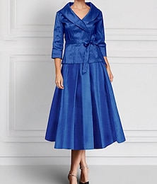 preiswerte -zweiteilige A-Linien-Kleidersets Kleid für die Brautmutter, elegantes Revers, bodenlang, knöchellang, Satin-Stretchstoff, lange Ärmel, blau-schwarz, Herbsthochzeit 2025