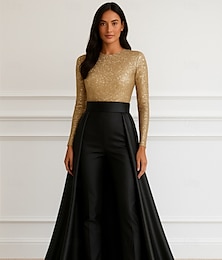 abordables -Vestido de noche elegante de corte A en dorado negro, vestido formal para boda, largo hasta el suelo, manga larga, cuello redondo, champán, para madre de la novia, satén elástico con lentejuelas