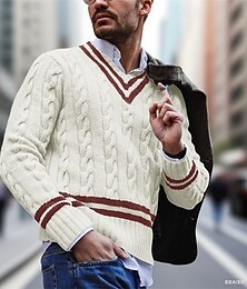 billige -Herre Genser Pullover genser Kabel Strikke Vanlige topper Strikket Slank passform عادي V-hals Strikketøy Moderne Avslappet Dagligdagstøy Klær Høst Hvit Gul M L XL