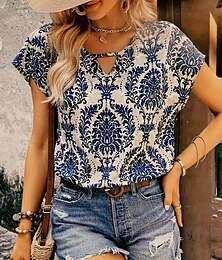economico -Per donna Maglietta Floreale Vintage Etnico Manica Corta Girocollo Top Regolari Quotidiano Stampato Blu Estate