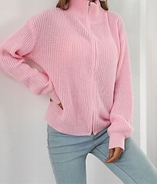 cheap -Women's Cardigan Casual Solid Color Chunky Turtleneck Zipper Knitted Long Sleeve Regular Tops Knit Daily Holiday Going out Pink Fall Winter
