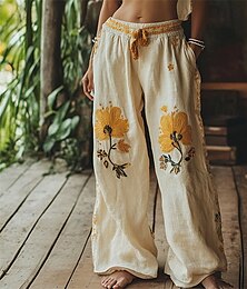 baratos -Mulheres Perna larga Calças Calça Palazzo Moda Boho Comprimento total Cintura Alta Flor Cintura elástica Com Cordão Imprimir Respirabilidade Confortável Rua Roupa Diária Para Noite Amarelo Primavera