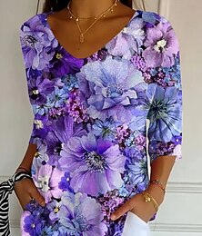 economico -Per donna Blusa Floreale Grafico Vintage Tropicale Elegante Manica 3/4 Scollo a V Top Regolari Quotidiano Nero Viola chiaro Viola Fucsia Estate Primavera Autunno