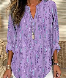 economico -Per donna Blusa Floreale Grafico Elegante Vintage Etnico Manica Lunga Scollo a V Top Regolari Quotidiano Ferie Stampato Giallo Blu Viola Estate Primavera