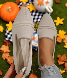abordables -Zapatos planos Flyknit beige para mujer con punta puntiaguda: zapatos planos casuales, ligeros y sin cordones para picnics de otoño, huertos de calabazas y cafés de fin de semana.