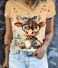 economico -Per donna Maglietta Grafico Animale Mucca Vintage Elegante Classico Manica Corta Girocollo Top Regolari Quotidiano Weekend Stampato Giallo Estate Primavera
