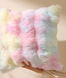 economico -Cuscino decorativo in pelliccia sintetica di coniglio di lusso - cuscino in peluche bifacciale con inserto, cuscino quadrato arcobaleno tie-dye decorativo per divano o camera da letto