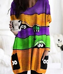 economico -Halloween Per donna Maglietta Grafico Geometrico Halloween Moda Manica Lunga Girocollo Top lunghi Quotidiano Uscire Weekend Tasca Stampato Nero Bianco Arancione Primavera Autunno