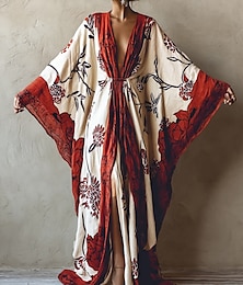 ieftine -Rochie lungă pentru femei, rochie maxi, rochie boho, rochie casual, rochie lejeră, rochie de vară, vintage, vacanță, zi de zi, plajă, croială regulată, imprimeu floral, mânecă lungă, decolteu în V, roșu, vară, primăvară, toamnă