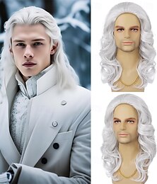 economico -Parrucca da uomo lunga, riccia, ondulata, bianca, per uomo, parrucca sintetica resistente al calore, per feste quotidiane, cosplay, costumi, Halloween