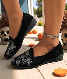ieftine -Mocasini negri din piele întoarsă cu model de craniu pentru femei – pantofi fără mâneci gotici cu strasuri, pantofi confortabili în stil punk rock pentru petreceri de Halloween, concerte și ieșiri casual