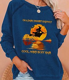abordables -Sweatshirts Femme Halloween avec Imprimé de Sorcière et Lettres Décontracté à Manches Longues Col Rond Tops Réguliers Décontracté Noir Bleu Orange Vert Automne