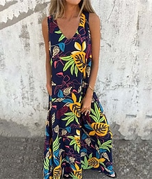 ieftine -Pentru femei Rochie Lunga Rochie Maxi Rochie casual Rochie de vară Rochie Slip Modă Modern Zilnic Concediu Plajă Fit regulat Frunză Tropical Fără manșon În V Alb Albastru Închis Caisă Vară