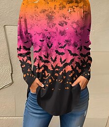 baratos -Halloween Mulheres Camiseta Gráfico Vintage Moda à moda Manga Longa Gola Redonda Tops regulares Final de semana Imprimir Azul Roxo Laranja Outono