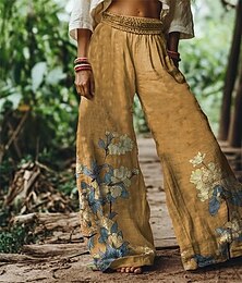 baratos -Mulheres Perna larga Calças Calça Palazzo Vintage Boho Comprimento total Cintura Alta Flor Cintura elástica Estampado Respirabilidade Confortável Rua Roupa Diária Para Noite Amarelo Primavera Outono