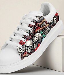economico -sneakers bianche da uomo con teschio horror e stampa grafica rossa per feste di Halloween, festival musicali e streetwear urbano