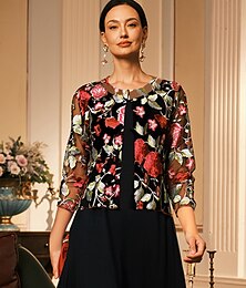 preiswerte -Damen Blazer Leicht Spitze Bestickt Elegant Blumen Formell Kurz Rundhalsausschnitt Lässiger Schnitt Dreiviertelarm Oberbekleidung Burgunderrot Sommer Frühling