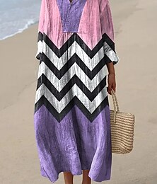 abordables -Robe Midi Femme Col V Manches Longues Kaftan Léger Coupe Ample Robe A Ligne Décontractée Boho Fête Sortie Graphique Géométrique Manches Longues Col V Jaune Violet Orange Automne