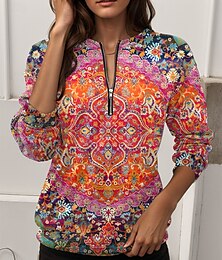 baratos -Mulheres Moletom Moletons com zíper Gráfico Geométrica Casual Manga Longa Gola Redonda Tops regulares Rua Dia a Dia Zíper Imprimir Amarelo Vermelho Azul Laranja Outono Inverno