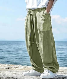 abordables -Hombre Pantalones de lino Pantalones Pantalones de verano Cintura elástica Correa Pierna recta Plano Comodidad Transpirable Longitud total Exterior Casual Diario Moda Estilo clásico Negro Azul Marino