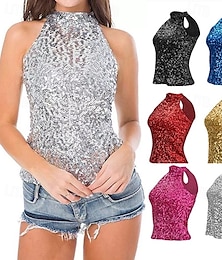 billige -dame glitrende paljetttopper imitert hals bluse ermeløs skinnende tanktopp ermeløs glitterantrekk festskjorte