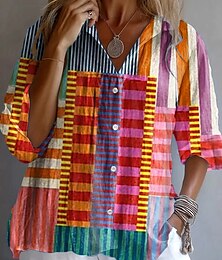 economico -Per donna Camicia Grafico Geometrico A righe Vintage Tropicale Quotidiano Manica Lunga Colletto a Camicia Top Regolari Lavoro Quotidiano Ferie Bottoni Stampato Arcobaleno Estate Primavera Autunno