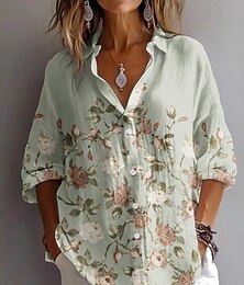 お買い得  -女性用 シャツ オンブル’ フラワー グラフィック ヴィンテージ 日常 スタイリッシュ 長袖 シャツカラー レギュラートップス ワーク 日常 祝日 ボタン プリント ライトグリーン ライトパープル ライトブルー 夏 春 秋