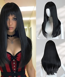 economico -Parrucca nera liscia a strati da 24 pollici per donna: frangia piena, capelli sintetici lisci, perfetta per il cosplay di Halloween & moda