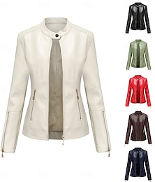 voordelige -Dames Jas van imitatieleer Comfortabel Zak Volledige ritssluiting Modieus Street Style Effen Buiten Casual / Dagelijks Normaal Opstaand Normale pasvorm Lange mouw bovenkleding Rood Groen Beige Herfst