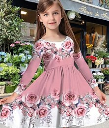 billiga -Flickor 3D Blommig Reste sig Klänning Långärmad Sommar Vår Semester Dagligen Helgdag Prinsessa Skön Ljuv Barn 4-12 år Vardagsklänning A linjeklänning Knälång Normal