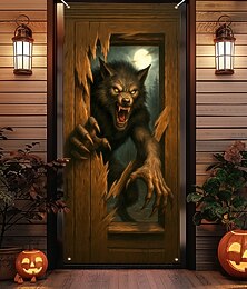 abordables -Couvercle de porte d'Halloween – Démon maléfique émergeant d'une porte en bois bannière d'entrée de maison hantée décoration effrayante intérieure et extérieure pour la chambre le salon la salle de