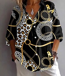 baratos -Mulheres Camisa Social Gráfico Leopardo Geométrica Vintage Diário à moda Manga Longa Decote V Colarinho de Camisa Tops regulares Trabalho Diário Feriado Botões Imprimir Preto Azul Verão Primavera