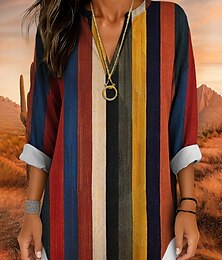 economico -Per donna Camicia Camicia in cotone e lino Blusa Grafico Geometrico A righe Quotidiano Hawaiano Affari Manica Lunga Scollo a V Top Regolari Lavoro Quotidiano Ferie Bottoni Stampato Giallo Rosso Blu