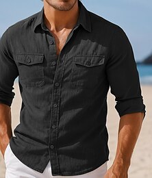 ieftine -Bărbați Cămașă Cămașă de in Simplu Vacanță Casual Negru Trifoi Kaki Gri Manșon Lung Rever Vară Primăvară Îmbrăcăminte Multi Buzunare