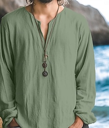 economico -Per uomo Camicia Camicia di lino Camicia Estiva Camicia da Spiaggia Tinta unica Vacanza Casuale Nero Bianco Verde Cachi Manica Lunga Scollo a V Tutte le stagioni Abbigliamento Base