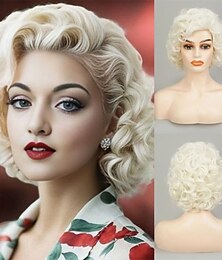 economico -Parrucca corta bionda riccia per donne bianche, parrucca vintage in fibra sintetica per uso quotidiano in costume da cosplay per Halloween