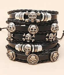 preiswerte -Lederarmband-Set mit Totenkopf-Anhänger für Herren – verstellbares Punk-Armband aus echtem Leder für Halloween-Partys, Cosplay und Rockkonzerte