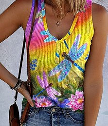 baratos -Mulheres Camisola Regata Âmbar Gráfico Animal Vintage Tropical à moda Sem Manga Sem Mangas Decote V Tops regulares Diário Imprimir Amarelo Azul Roxo Verão Primavera