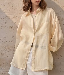 economico -Camicia da donna in 100% ramia, tinta unita, elegante, vintage, per tutti i giorni, a maniche lunghe, con colletto, da lavoro, per tutti i giorni, per le vacanze, grande, bianca, albicocca, estate,