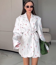 baratos -Mulheres Blazer Confortável Imprimir Elegante Vintage Moda Diário Floral Férias Festa Aniversário Casual Não Trespassado Padrão Lapela Chanfrada Ajuste Largo Manga Longa agasalhos Branco Damasco