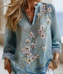 abordables -Femmes Chemise Fleuri Quotidien Occasionnel manche longue Col en V Hauts Réguliers Quotidien Fête Boutons Imprimé Bleu Printemps Automne
