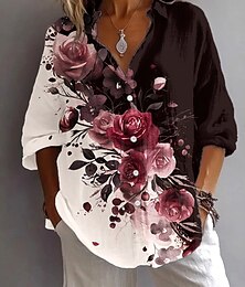 baratos -Mulheres Camisa Social Floral Gráfico Geométrica Vintage Diário à moda Manga Longa Colarinho de Camisa Tops regulares Trabalho Diário Feriado Botões Imprimir Verde Claro Azul Fúcsia Verão Primavera