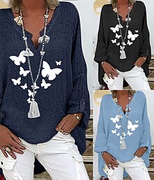 abordables -Chemises en coton pour femmes, style papillon, basique, décontractées, manches longues, col en V, régulières, imprimé quotidien, noir, bleu marine, bleu ciel, été, hiver